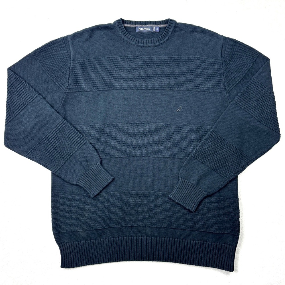 Nautica Mens Navy Blue Textured Stripe 100% Cotton Crewneck Sweater Size M
